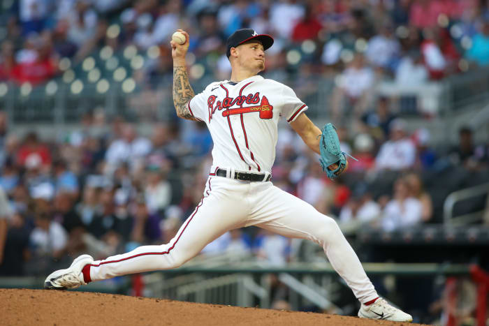 Jun 15, 2023; Atlanta, Georgia, USA; Atlanta Braves starting pitcher AJ Smith-Shawver (62) throws against the Colorado Rockies in the third inning at Truist Park.